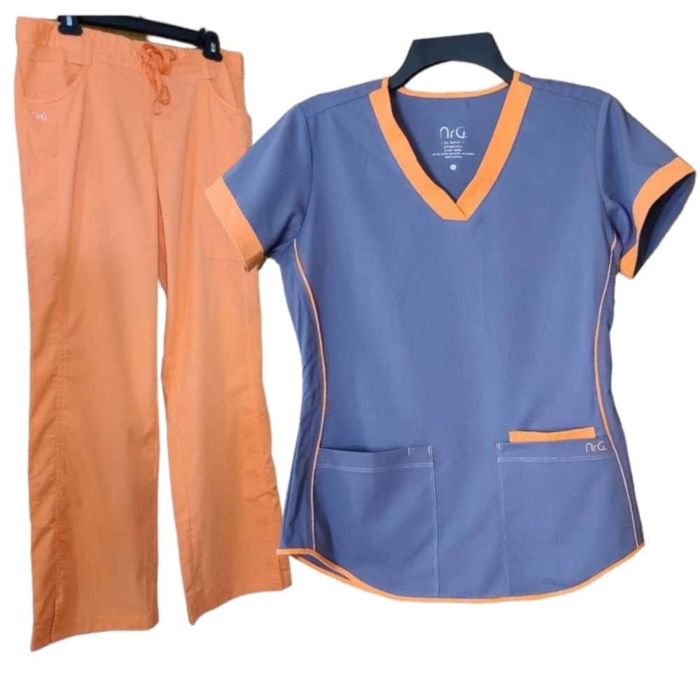 Brand New Orange and Gray NRG by Barco 2-Pc Matching Scrubs Set